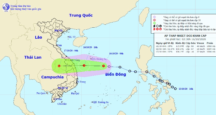 Vị trí và hướng di chuyển tiếp theo của áp thấp nhiệt đới (Ảnh: Trung tâm Dự báo KTTVQG).