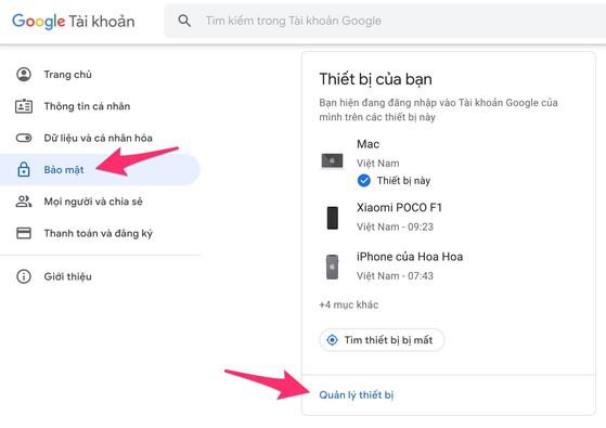 Quản lý tài khoản Google từ xa. Ảnh: MINH HOÀNG