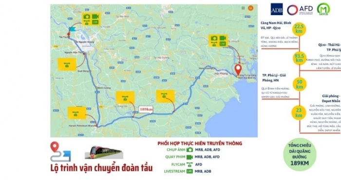 Tổng chiều dài quãng đường là 189km. Cung đường vận chuyển là từ cảng Nam Hải Đình Vũ - QL5 kéo dài - QL10, đường nối Thái Bình - Hà Nam, nút giao Liêm Tuyền - QL21 để ra QL1 cũ từ TP. Phủ Lý (Hà Nam). Sau đó đi theo QL1 cũ - đường Giải Phóng (Hà Nội) - đường Vành đai 3 - Lê Đức Thọ (sân vận động Mỹ Đình) - Hồ Tùng Mậu để về Depot.