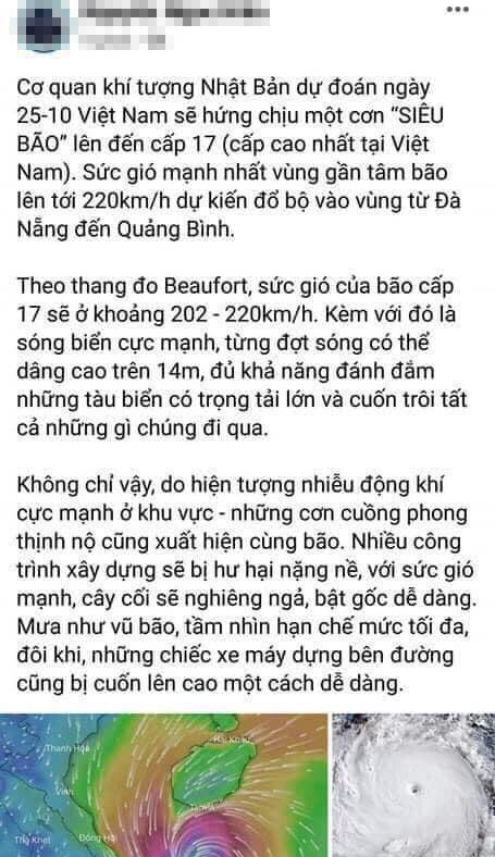 Thông tin lan truyền trên mạng xã hội về cơn siêu bão mạnh cấp 17 sắp đổ bộ vào miền Trung. Ảnh chụp màn hình.