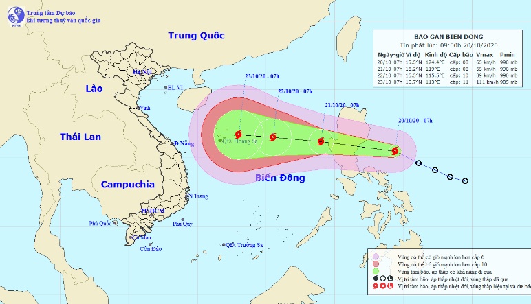 Vị trí và hướng di chuyển tiếp theo của bão Saudel lúc 7h sáng 20/10. (Ảnh: Trung tâm Dự báo KTTVQG).