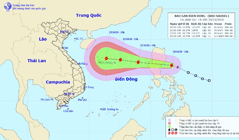 Vị trí và hướng di chuyển tiếp theo của bão Saudel (Ảnh: Trung tâm Dự báo KTTVQG)