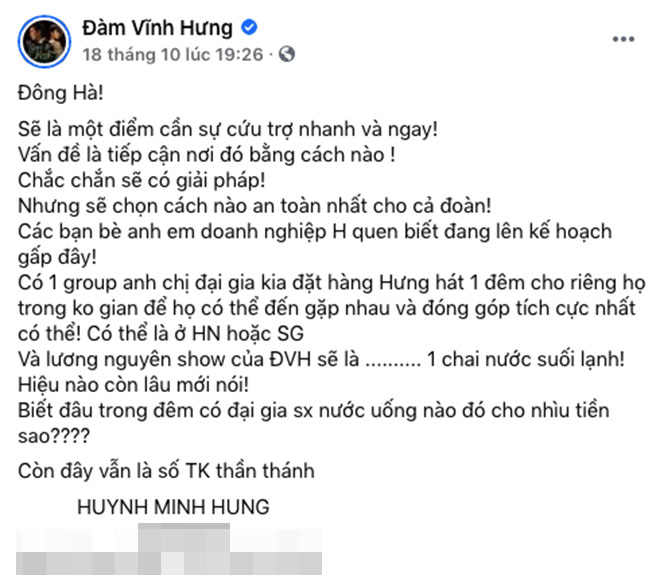 Vào những ngày trước, Đàm Vĩnh Hưng tích cực kêu gọi ủng hộ đồng bào miền Trung