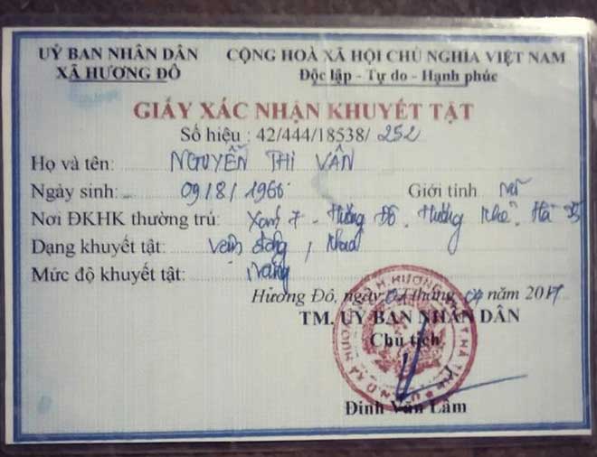 Giấy chứng nhận bà Vân bị khuyết tật