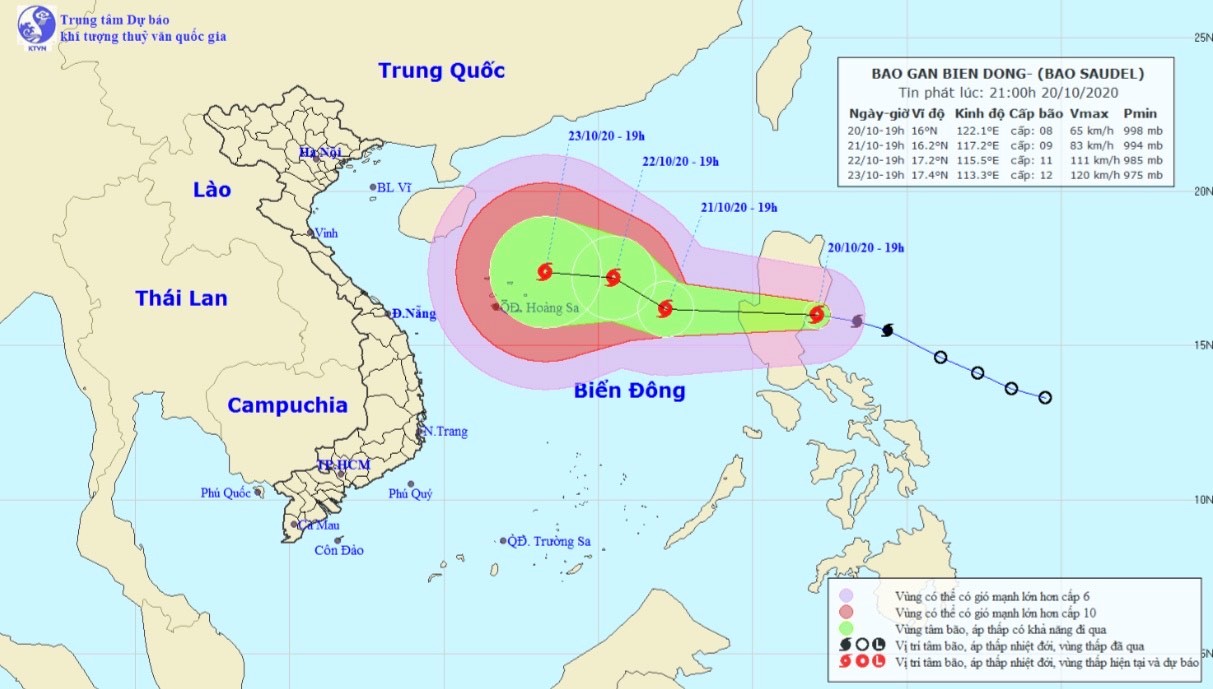 Vị trí và hướng di chuyển tiếp theo của bão Saudel (Ảnh: Trung tâm Dự báo KTTVQG).