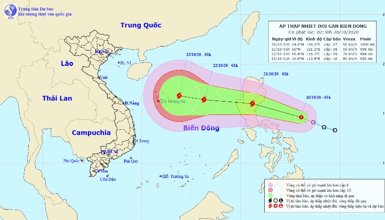 Vị trí và hướng di chuyển tiếp theo của áp thấp nhiệt đới gần Biển Đông. (Ảnh: Trung tâm Dự báo KTTVQG).