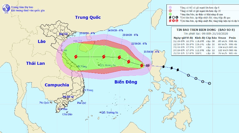 Vị trí và hướng di chuyển tiếp theo của bão số 8 – Saudel. Ảnh Trung tâm Dự báo KTTVQG.