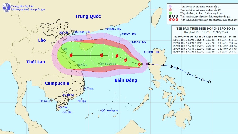 Vị trí và hướng di chuyển tiếp theo của bão số 8 – Saudel. (Ảnh: Trung tâm Dự báo KTTVQG).