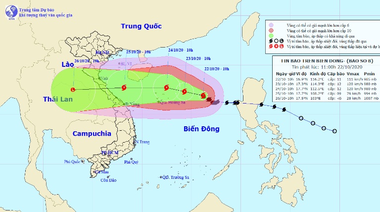 Vị trí và hướng di chuyển tiếp theo của bão số 8 lúc 10h sáng 22/10. (Ảnh: Trung tâm Dự báo KTTVQG).