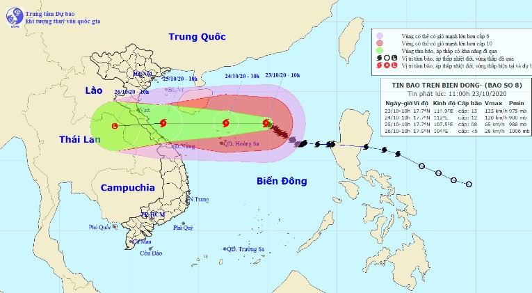 Vị trí và hướng di chuyển tiếp theo của bão số 8 – Saudel. (Ảnh: Trung tâm Dự báo KTTVQG).