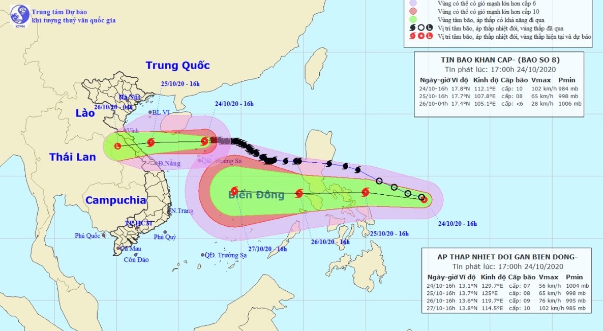 Vị trí và hướng di chuyển tiếp theo của bão số 8 - Saudel và áp thấp nhiệt đới ngoài Biển Đông. (Ảnh: Trung tâm Dự báo KTTVQG).