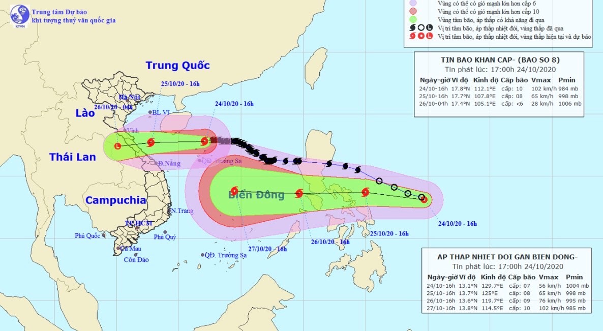 Vị trí và hướng di chuyển tiếp theo của bão số 8 - Saudel và&nbsp;áp thấp nhiệt đới&nbsp;ngoài Biển Đông. (Ảnh: Trung tâm Dự báo KTTVQG).