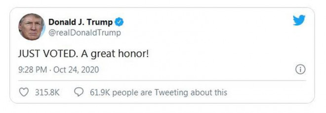 Ông Trump thông báo trên Twitter rằng mình vừa đi bỏ phiếu. Ảnh: TWITTER
