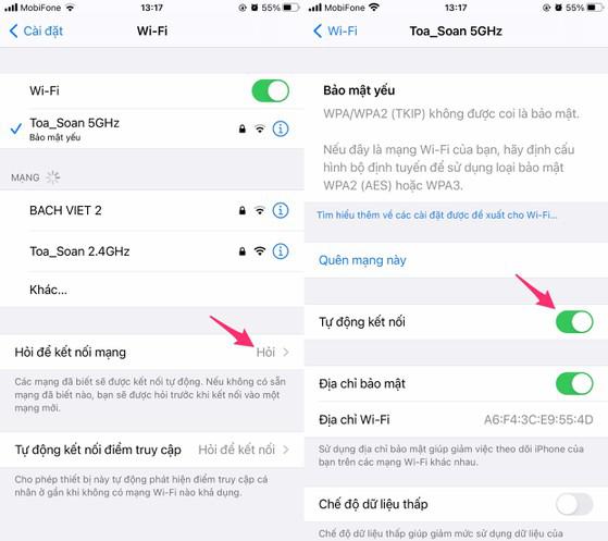 Tắt tính năng tự động kết nối mạng trên iPhone, iPad.