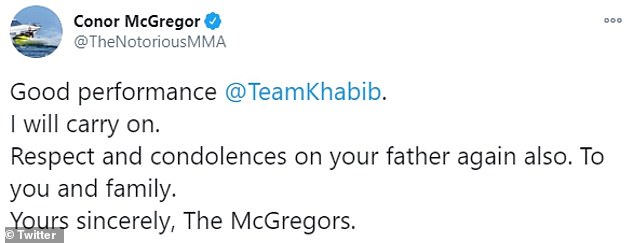 Conor McGregor gửi lời chúc mừng Khabib trên Twitter