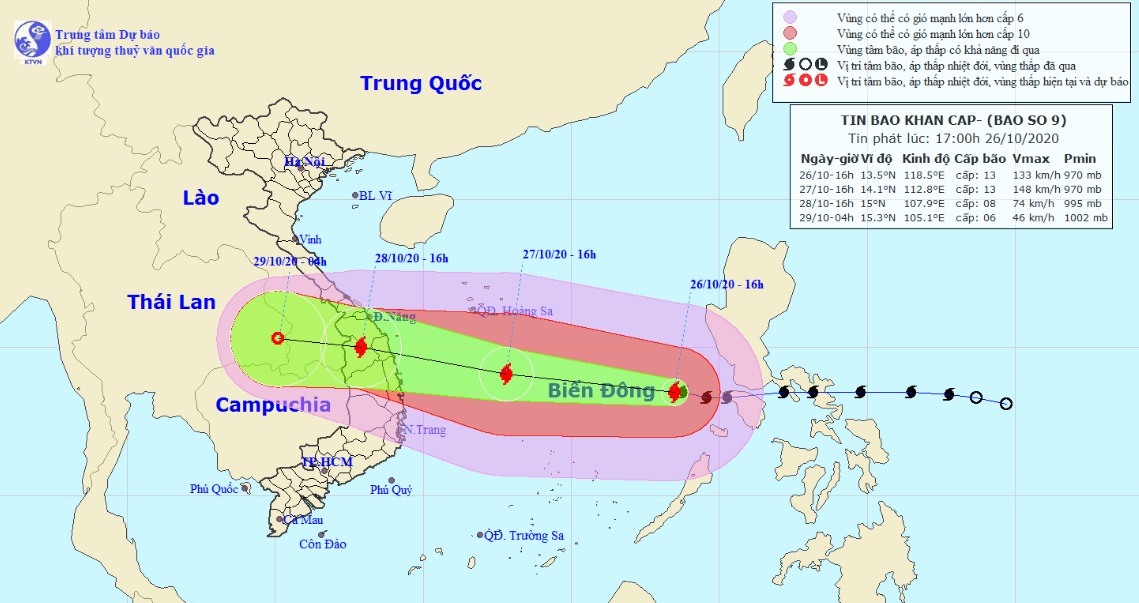 Vị trí và hướng di chuyển tiếp theo của bão số 9 – Molave. (Ảnh Trung tâm Dự báo KTTVQG).