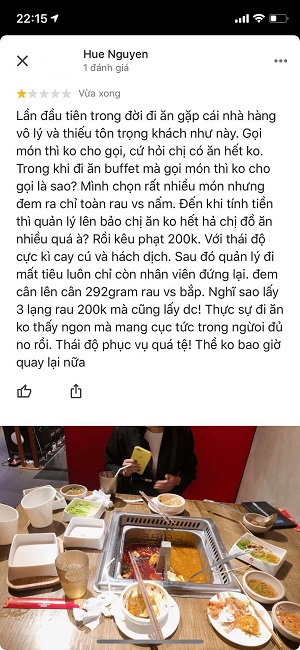 Ngay lập tức, khách hàng đã lên Fanpage nhà hàng đánh giá 1* kèm những lời nhận xét về bữa ăn.