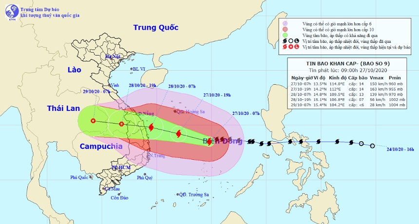Vị trí và hướng di chuyển tiếp theo của bão số 9 – Molave (Ảnh: Trung tâm Dự báo KTTVQG)