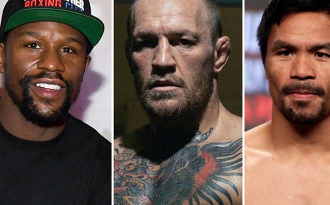 Mayweather (ngoài cùng bên trái) đánh giá thấp khả năng kiếm tiền của trận McGregor (giữa) và Pacquiao