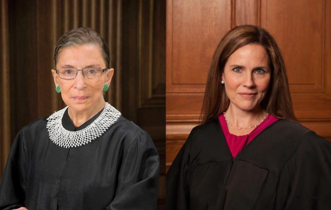 Bà&nbsp;Ruth Ginsburg (trái) và bà&nbsp;Amy Coney Barrett (phải).