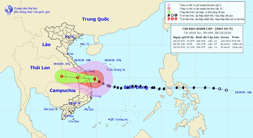 Vị trí và hướng di chuyển tiếp theo của bão số 9 – Molave. (Ảnh: Trung tâm Dự báo KTTVQG).