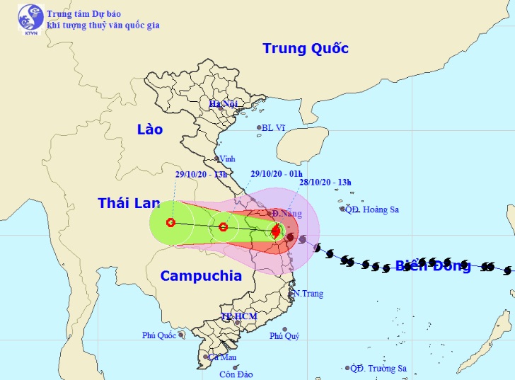 Vị trí và hướng di chuyển tiếp theo của bão số 9 – Molave. (Ảnh: Trung tâm Dự báo KTTVQG).