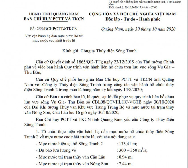 Quảng Nam yêu cầu thủy điện Sông Tranh 2 hạ mực nước hồ về mực nước cao nhất trước lũ