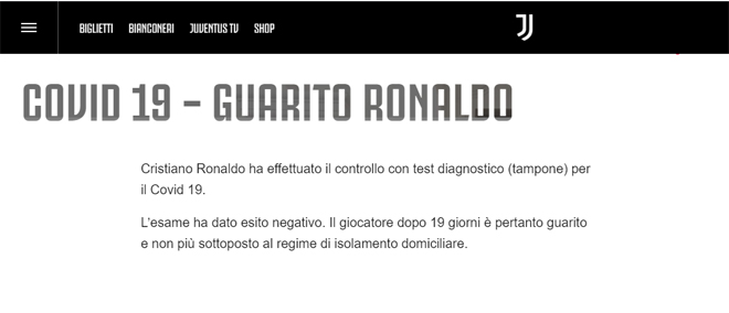 Juventus xác nhận Ronaldo đã âm tính với Covid-19 và không cần phải tự cách ly nữa