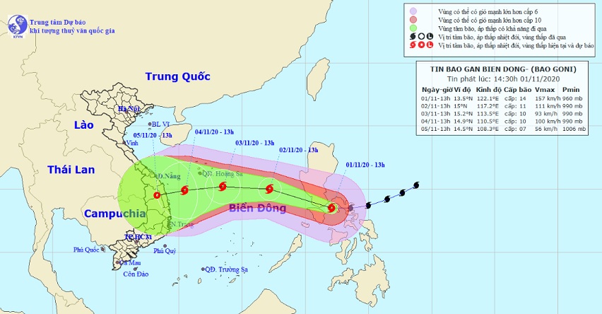 Vị trí và hướng di chuyển tiếp theo của bão Goni. (Ảnh: Trung tâm Dự báo KTTVQG).