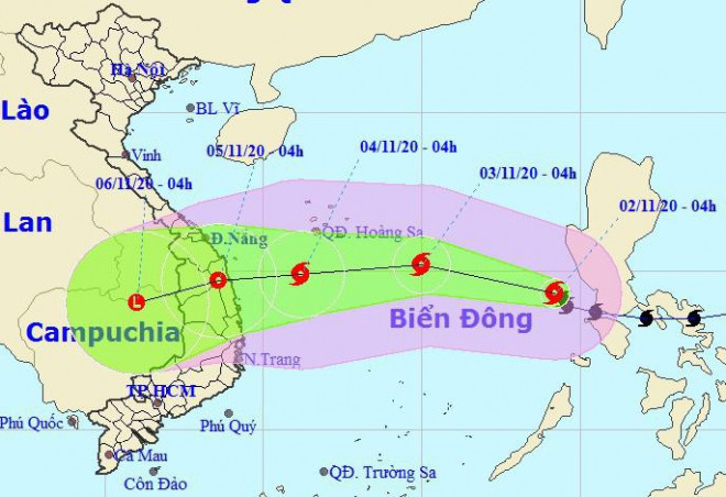 Dự báo vị trí và hướng di chuyển của bão số 10 - Nguồn: Trung tâm Dự báo khí tượng thủy văn quốc gia