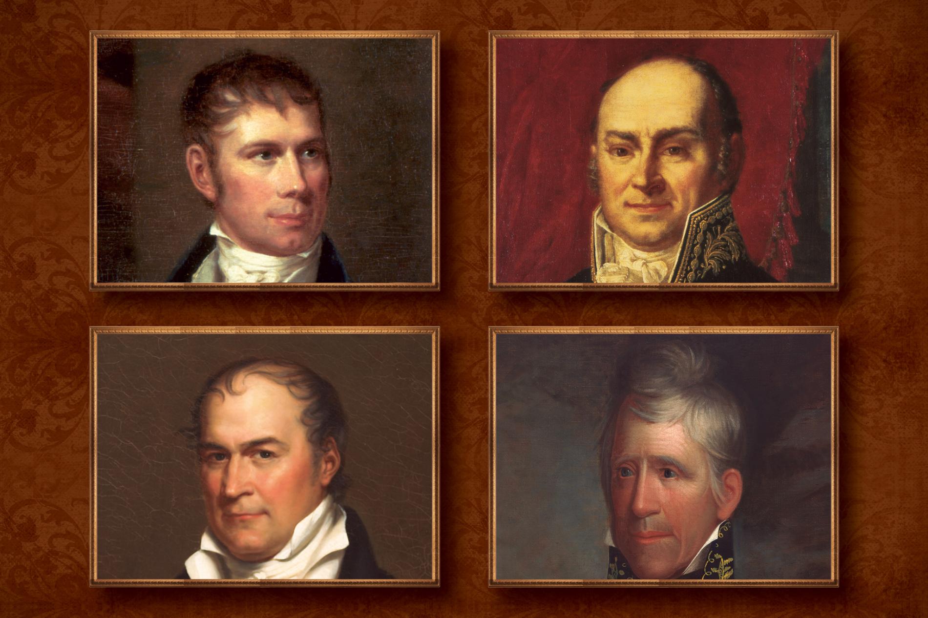 4 ứng viên tổng thống trong cuộc bầu cử Mỹ 1824: Henry Clay,&nbsp;John Quincy Adams,&nbsp;William Crawford và Andrew Jackson, theo thứ tự từ trên xuống dưới, từ trái qua phải. Ảnh: National Geographic