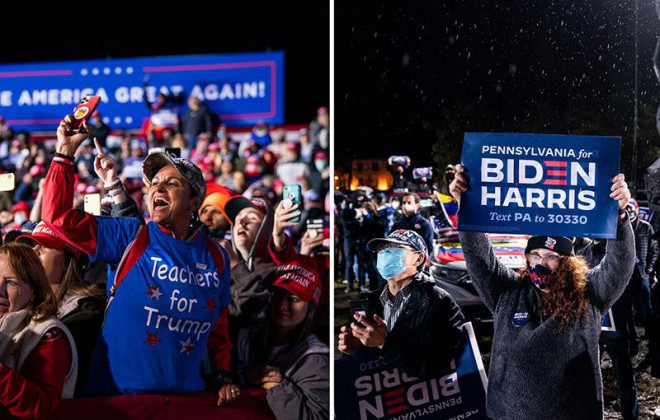 Người dân Mỹ ủng hộ ông Trump (trái) và ủng hộ ông Biden (phải) tại các cuộc vận động ngày 1-11 của hai ứng viên. Ảnh: THE NEW&nbsp;YORK TIMES Trễ hẹn công bố người chiến thắng