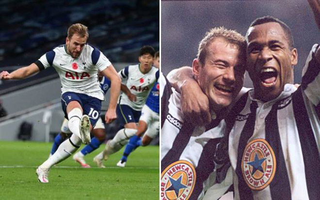 Harry Kane cân bằng thành tích của Les Ferdinand (ngoài cùng bên phải) nhưng vẫn còn kém xa Alan Shearer