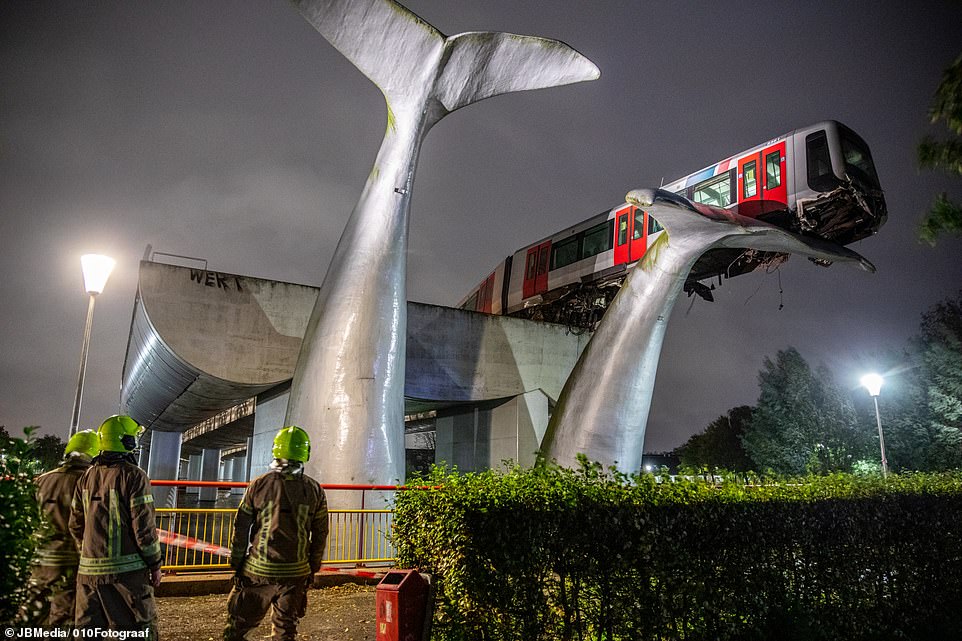 Tượng đuôi cá voi bị cong khi đỡ đoàn tàu điện phóng vọt ra khỏi đường ray (ảnh: Daily Mail)