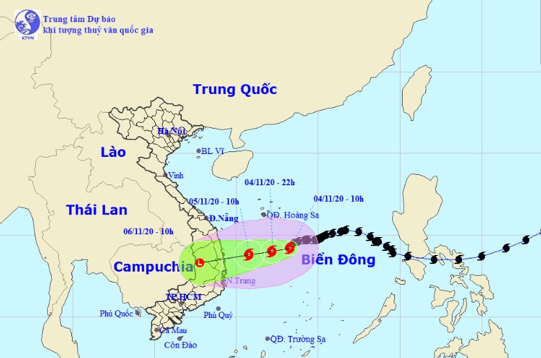 Vị trí và hướng di chuyển tiếp theo của bão số 10 – Goni. (Ảnh: Trung tâm Dự báo KTTVQG).