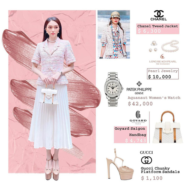 Trong một set đồ khác, Hương Giang tiếp tục cho thấy độ chịu chơi trong khoản shopping hàng hiệu. Cô diện áo khoác vải tweed của Chanel 146 triệu đồng, dát bộ trang sức hơn 230 triệu đồng. Trên tay Hương Giang là chiếc túi Goyard đã sắm từ năm ngoái khoảng 110 triệu đồng. Và không thể bỏ qua đôi giày "tai tiếng" của Gucci giá 25,5 triệu.