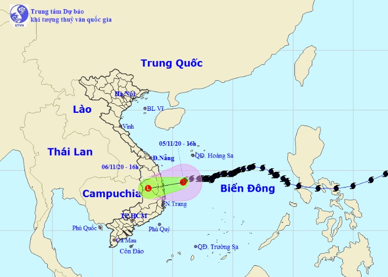 Vị trí và hướng di chuyển tiếp theo của áp thấp nhiệt đới suy yếu từ bão số 10 (Ảnh: Trung tâm Dự báo KTTVQG)