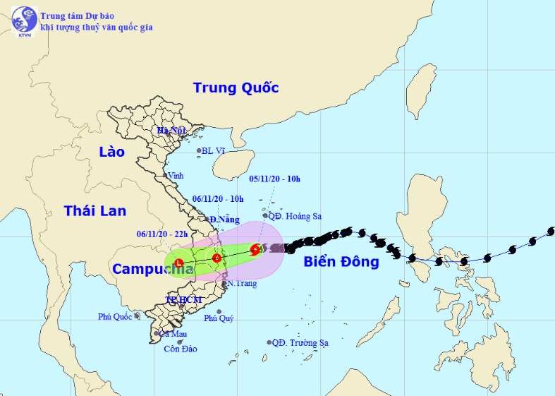 Vị trí và hướng di chuyển tiếp theo của bão số 10 – Goni. (Ảnh: Trung tâm Dự báo KTTVQG).