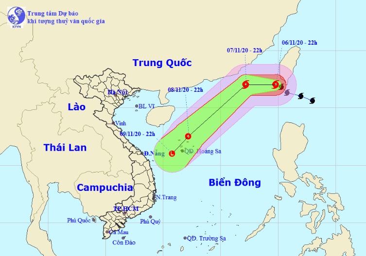 Vị trí và hướng di chuyển tiếp theo của bão số 11 Atsani (Ảnh: Trung tâm Dự báo KTTVQG)