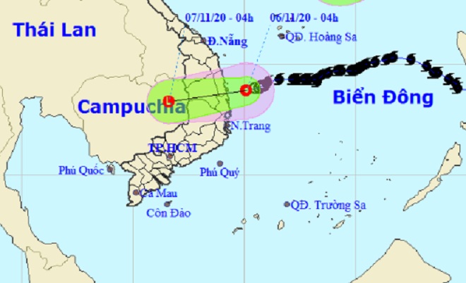 Vị trí và hướng di chuyển tiếp theo của áp thấp nhiệt đới. (Ảnh: Trung tâm Dự báo KTTVQG).