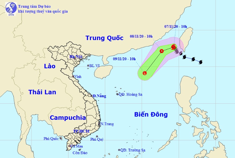 Vị trí và hướng di chuyển tiếp theo của bão số 11 Atsani. (Ảnh: Trung tâm Dự báo KTTVQG).