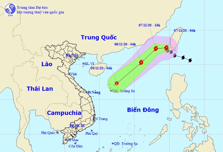 Vị trí và hướng di chuyển tiếp theo của bão số 11 Atsani. (Ảnh: Trung tâm Dự báo KTTVQG).