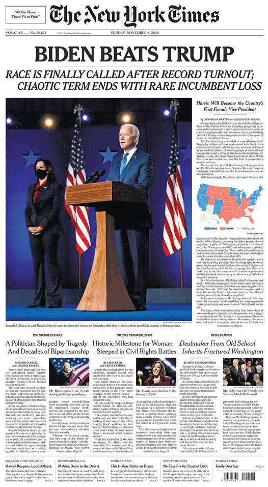 Bìa báo ngày 8-11 của New York Times: "Biden đánh bại Trump". Nguồn: New York Times
