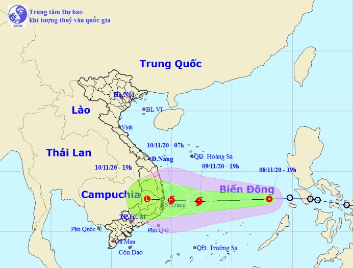 Vị trí và hướng di chuyển tiếp theo của áp thấp nhiệt đới trên Biển Đông (Ảnh: Trung tâm Dự báo KTTVQG)