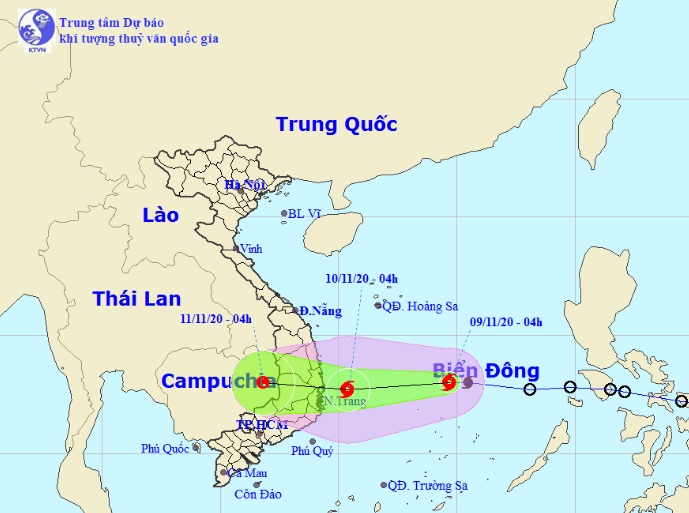 Vị trí và hướng di chuyển tiếp theo của bão số 12 (Ảnh: Trung tâm Dự báo KTTVQG)