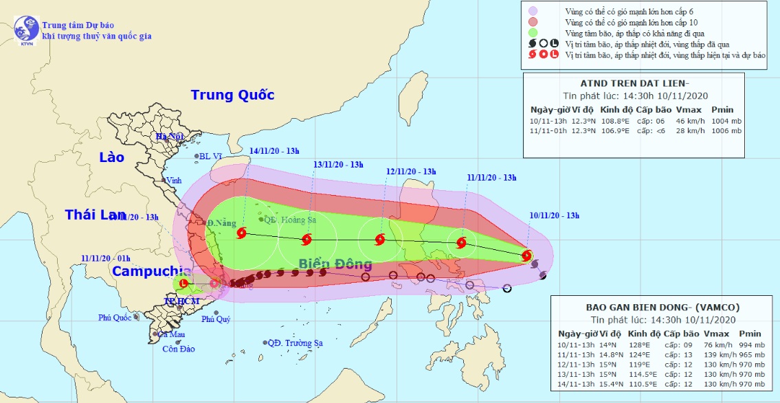 Vị trí và hướng di chuyển tiếp theo của bão Vamco và áp thấp nhiệt đới suy yếu từ bão số 12 Etau. (Ảnh: Trung tâm Dự báo KTTVQG)