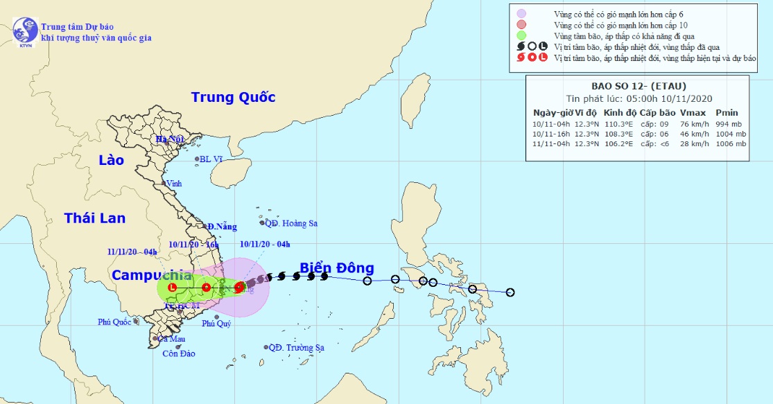 Vị trí và hướng di chuyển tiếp theo của bão số 12 Etau (Ảnh: Trung tâm Dự báo KTTVQG)