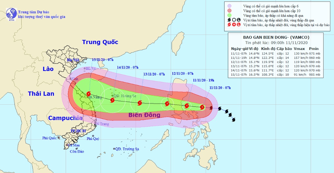 Vị trí và hướng di chuyển tiếp theo của bão Vamco (Ảnh: Trung tâm Dự báo KTTVQG)