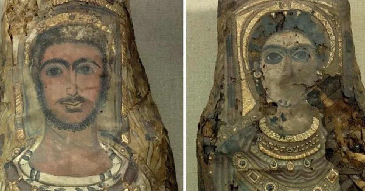Cận cảnh phần chân dung được vẽ, khắc 3D tinh xảo và dát vàng của "bức tượng" - thực ra là xác ướp phủ vữa thạch cao - Ảnh: PLOS ONE