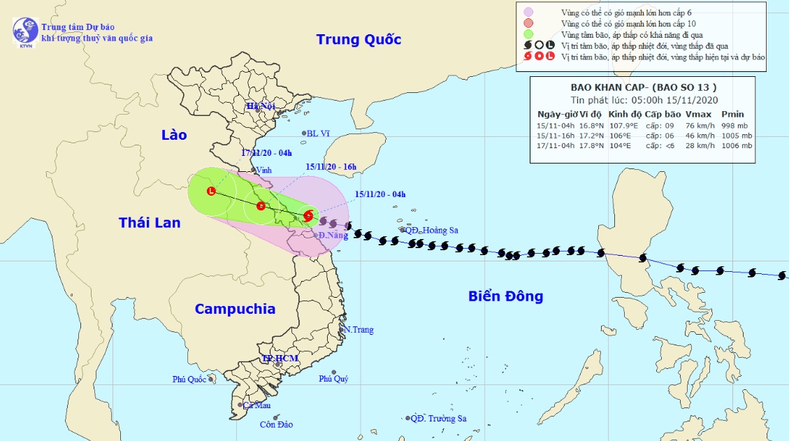 Vị trí và hướng di chuyển tiếp theo của bão số 13 Vamco (Ảnh: Trung tâm Dự báo KTTVQG)
